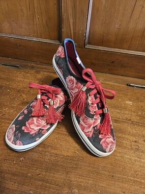 kate spade Black Sneakers with Red Floral Print and Red Tassels